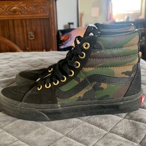 Vans Camo High-Top Sneakers in Black and Green with Gold Eyelets
